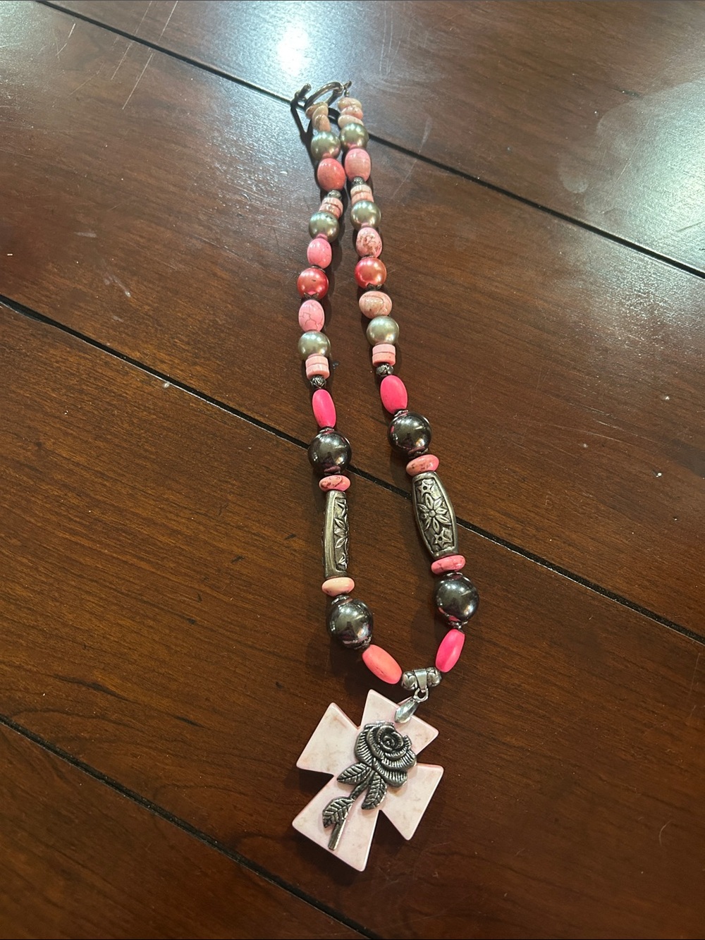 Pink Cross Pendant Beaded Necklace - Unbranded